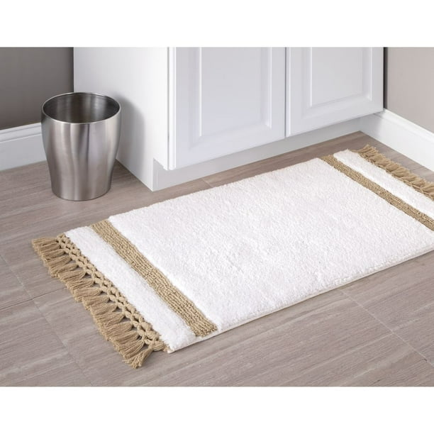 iDesign Stripe Fringe Cotton Bath Rug White and Linen