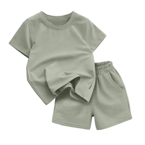 CPNG Girls and Boys 2 Piece Short Set Kids Summer Outfit Solid Color Short Sleeve T-shirt Elastic Waist Shorts Set(Green,11-12 Years)