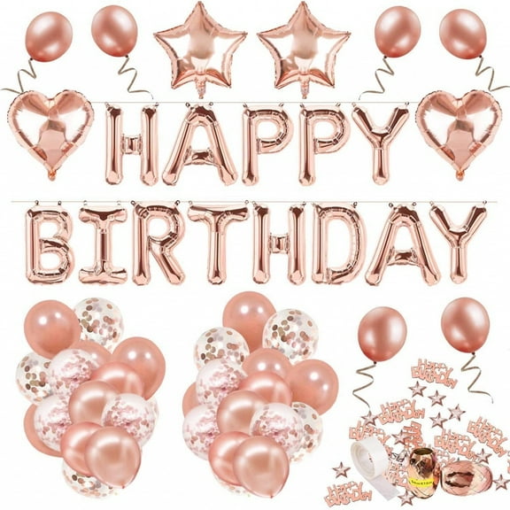 AOWEE Rose Gold Party Decoration Supplies, Rose Gold Balloon Garland Kit with Heart Star Foil Balloon Rose Gold Confetti Balloon for Girl Women Birhtday Bachelor Party