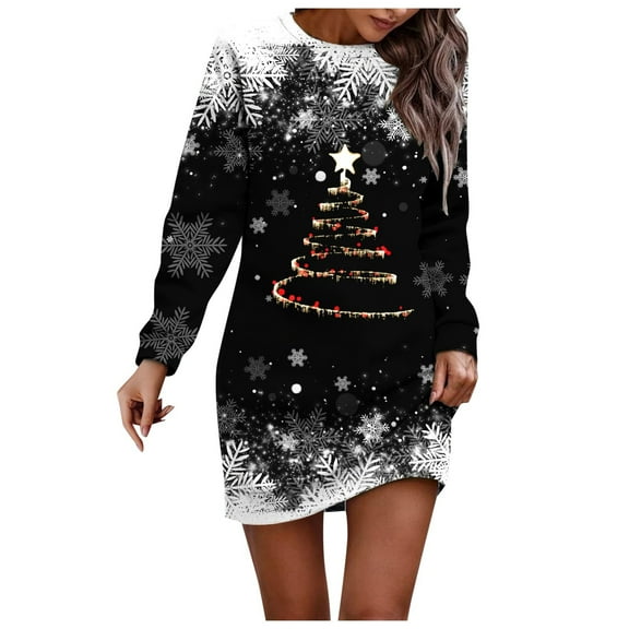 Women Christmas Outfit Stylish Women's Festive Knit Sweater Dress with Round Neck and Long Sleeve Comfortable Loose Fit Daily Wear Black S