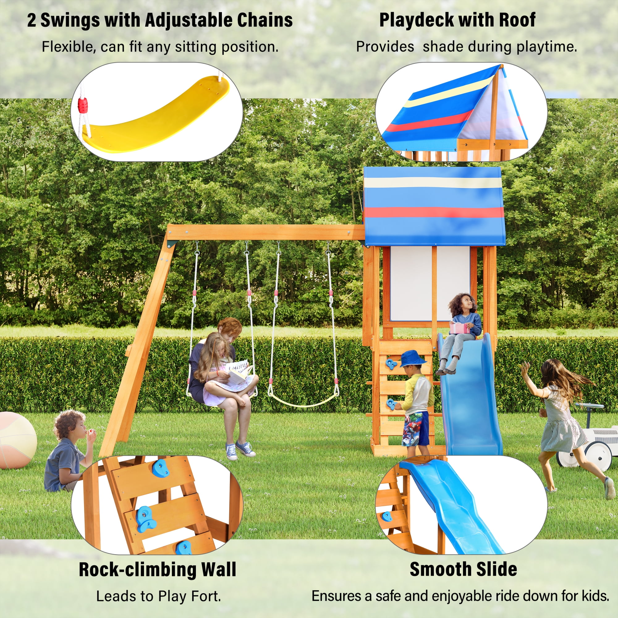 Wooden Outdoor Swing Set 3 in 1 Swing Set outdoor Children's Playset with Slide , 2 Swings and Climber for Garden, Backyard and Playground