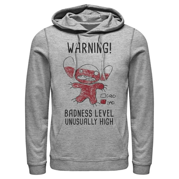 Men's Lilo & Stitch Badness Level Warning Sketch Pull Over Hoodie Athletic Heather 3X Large