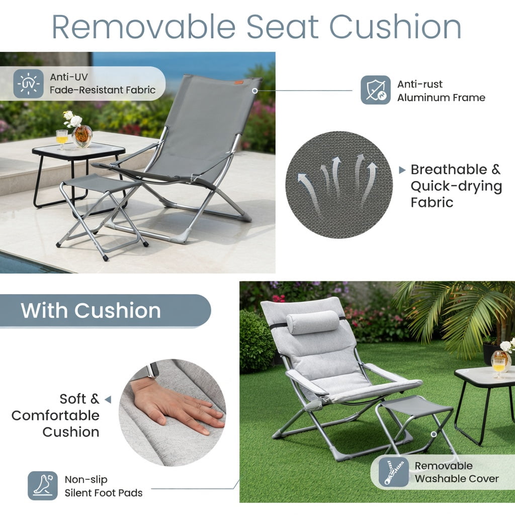 Hommoo 5-Piece Folding Patio Sling Chair Set with Footrests, Coffee Table & Headrest Pillows, Outdoor Lounge Seating for Deck, Poolside & Garden, Gray