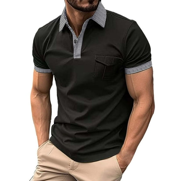 Uooqdmx Polo Shirts for Men Mens Dress Shirts Fashion Spring and Summer Casual Short Sleeved Buttons Lapel Solid Color T Shirt Tops Mens Polo Shirts Short Sleeve Black L