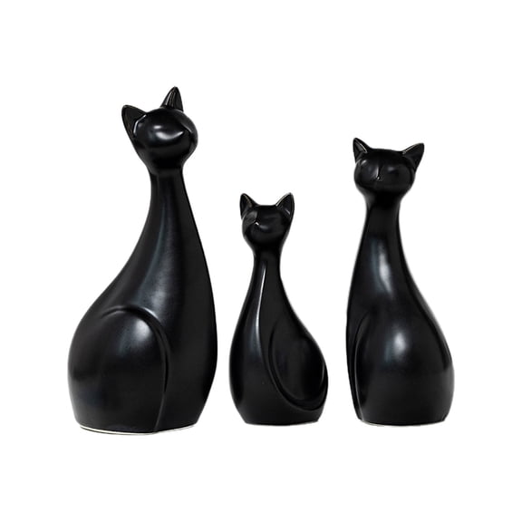 Black Ceramic Cat Figurine Set Of Three Family Statue For Bookshelf Desk Living Room Office Decor Porcelain Sculpture In Black Finish Artistic Home Accent Gift For Pet Lovers Memorial Or C
