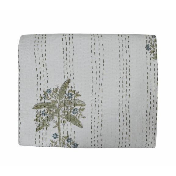 Vintage Queen Kantha Quilt Indian Hand Block Print Quilt Cotton Kantha Throw Kantha Blanket Handmade Quilt Palm Tree Kantha Bedspread White Quilt