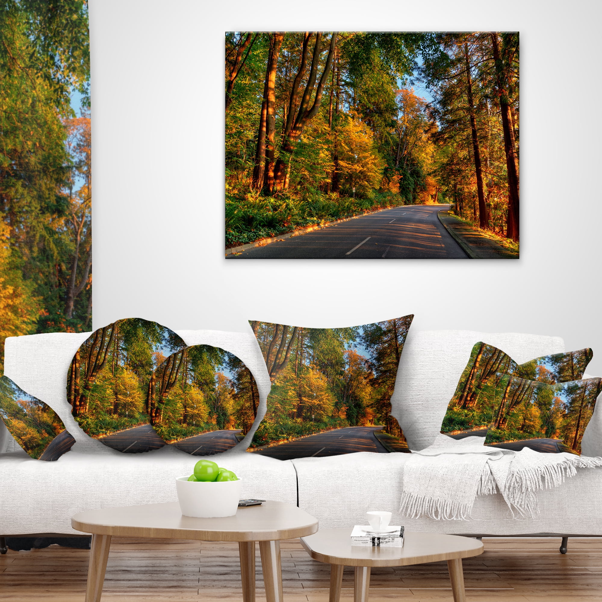 Designart Road through Lit up Fall Forest - Landscape Printed Throw Pillow - 12x20
