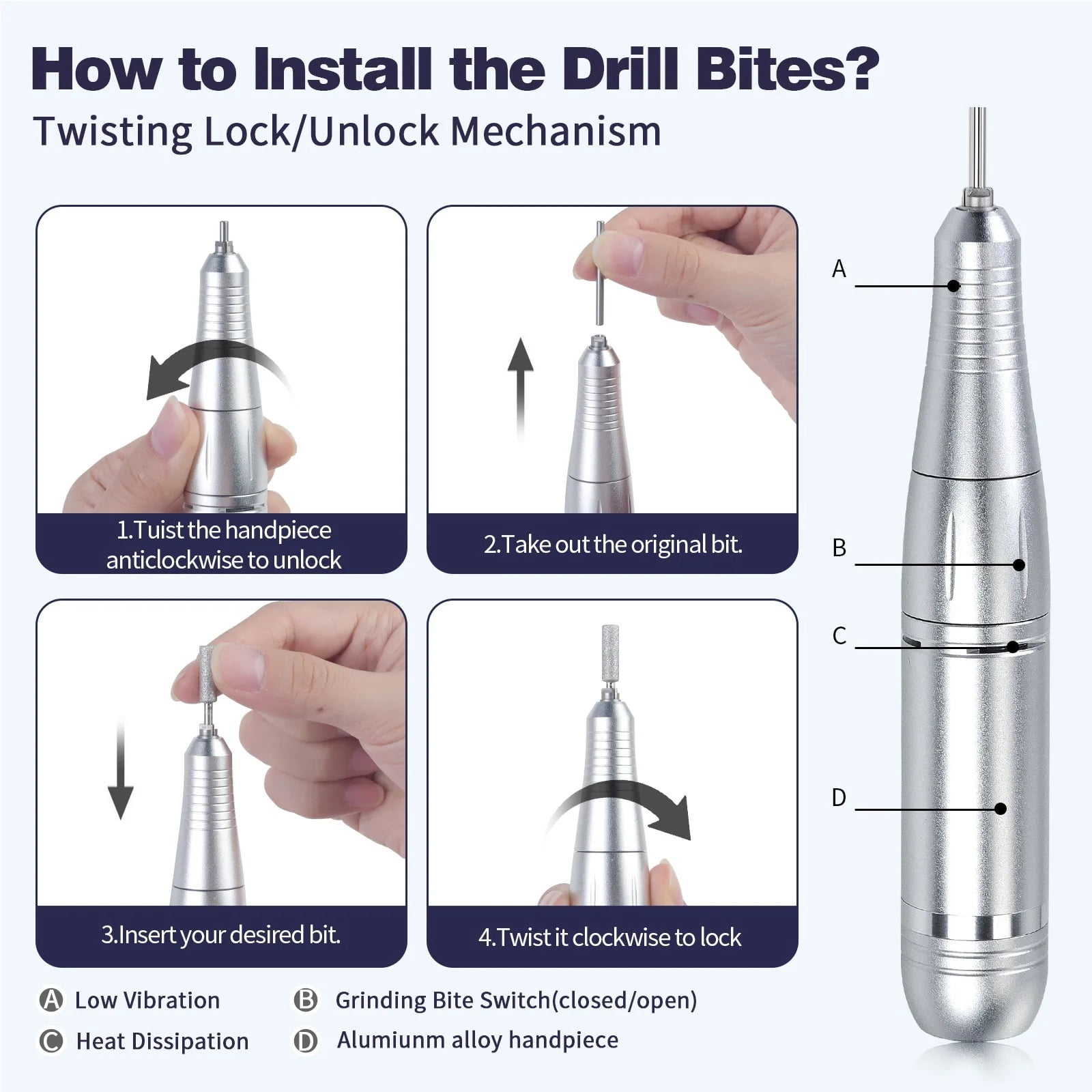 Professional Nail Drill Electric Nail File Manicure Pedicure Kit 45000RPM Portable with 6 Drill Bits for Salon and Home Use