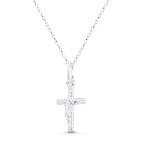 Jesus Christ on Ribbed-Texture Latin Crucifix Christian Catholic Cross 26x12mm (1x0.5in) Pendant & Chain Necklace in .925 Sterling Silver