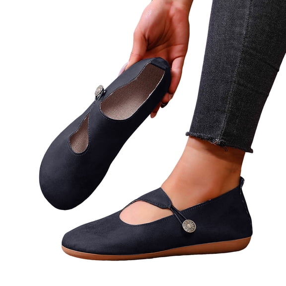 Rokment Womens Vintage Leather Mary Jane Ballet Flat Walking Shoes for Wide Feet Boho Beach Retro Leather Wedge Low Heels Slip-On Dress Loafers Black Size 6