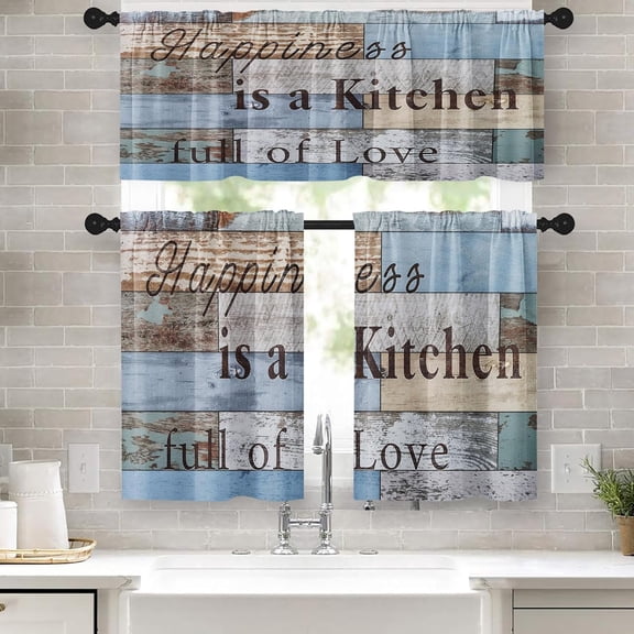 Farmhouse Kitchen Curtains Wooden Window Curtains Valance and Tier Set 36 Inch, Full of Love Happiness Kitchen Rod Pocket Short Tier Curtain, Vintage Small Curtains for Kitchen Decor