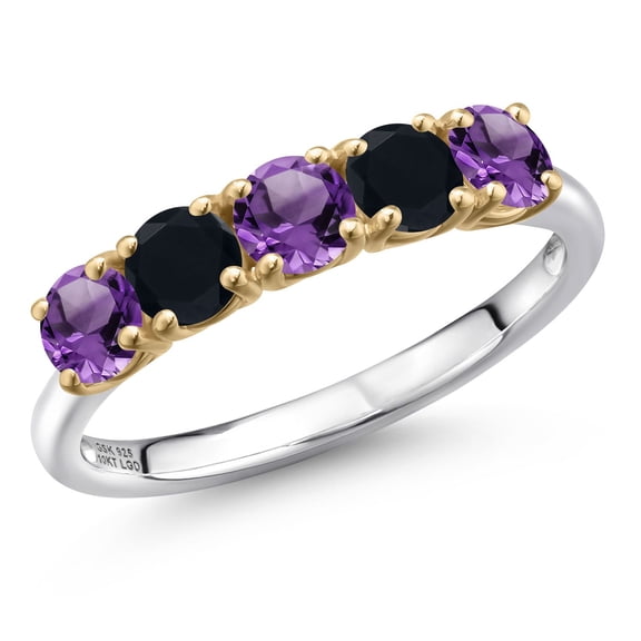 Gem Stone King 925 Silver and 10K Yellow Gold Purple Amethyst and Black Onyx Wedding-Bands Ring for Women | 1.19 Cttw | Round 4MM | Gemstone February Birthstone | Size 6
