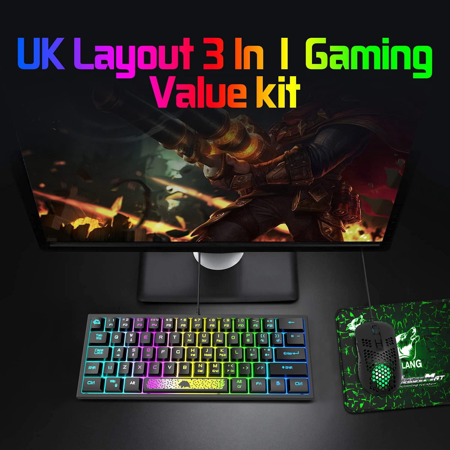 K61 UK Layout RGB 60% Gaming Keyboard Mouse Set Wired 62 Keys Mini Portable Keyboard 7 RGB LED Backlit 19 key Anti-ghosting + 2400 DPI Ultralight Gaming Mouse Ergonomic Honeycomb Shell +Mouse Pad