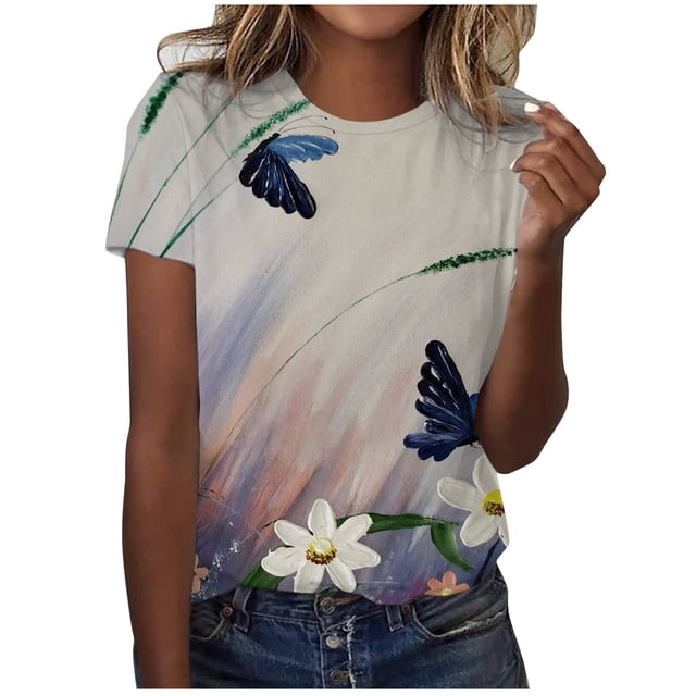 Birdeem T-Shirt Décontracté à Manches Courtes Imprimé Plissé Col Rond Ample pour Femmes
