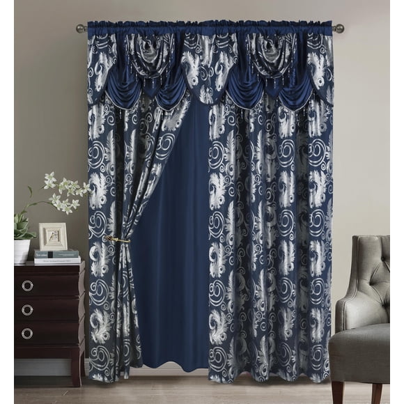 Juego de 2 paneles Curtain GLORY RUGS Jacquard de lujo para ventanas, color azul marino