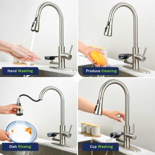Auto Beyond 3-in-1 Kitchen Faucet with 3-Color LED Temperature Display, Press-Type Glass Rinser, High-Arc Pull-Down Sprayer, 3 Spray Modes, Brushed Nickel Finish