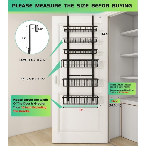 Over The Door Pantry Organizer, Pantry Organization and Storage, 6-Tier Deep Baskets Hanging Heavy-Duty Metal, Wall Spice Rack Seasoning Shelves for Home & Kitchen, Laundry Room Bathroom, Black