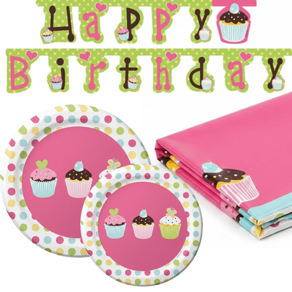 Sweet Treats Cupcake Theme Party Supply Kit with Happy Birthday Banner, Paper Plates, Dessert Plates, and Tablecloth