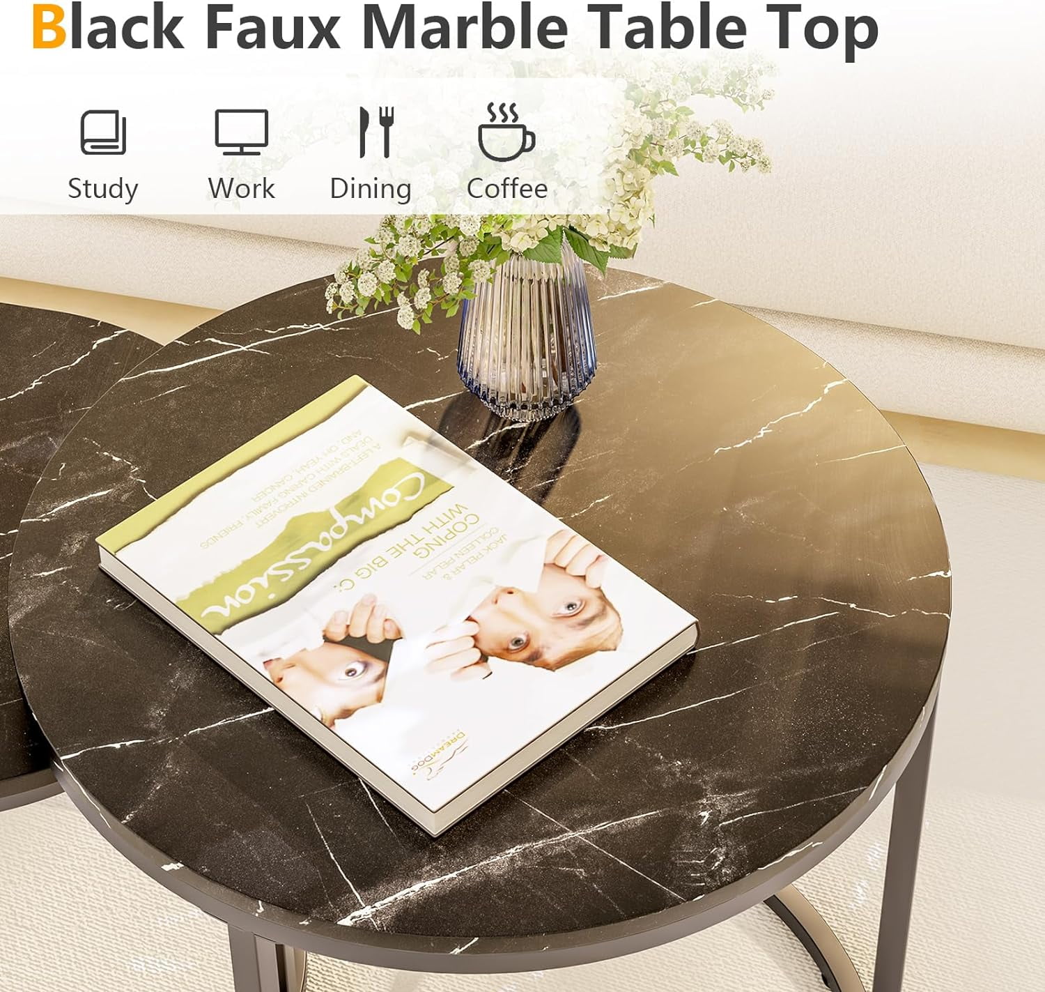 aboxoo Nesting Coffee Table Set of 2 Modern Round Black Faux Marble Wood Table,Side Table Gold Metal Frame Oval End Table Small Space for Living Room,Bedroom,Studio Apartment Essential