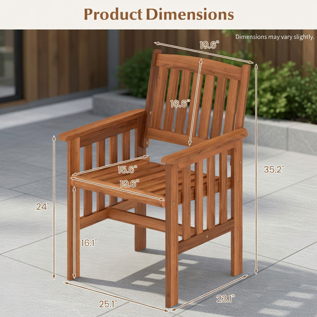 Hommoo 2-Piece Solid Wood Outdoor Patio Chairs Set, Ergonomic Slatted Seat, Inclined Backrest & Armrests for Porch, Balcony & Backyard, Natural