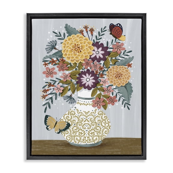 Stupell Industries Eclectic Dahlia Bouquet & Butterflies Black Floating Frame Canvas Art, 17 x 21, by Raquel Maciel