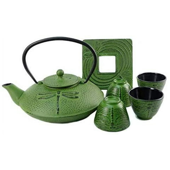 CUISILAND GREEN 37oz Dragonfly Cast Iron Teapot Set with 4 Cups