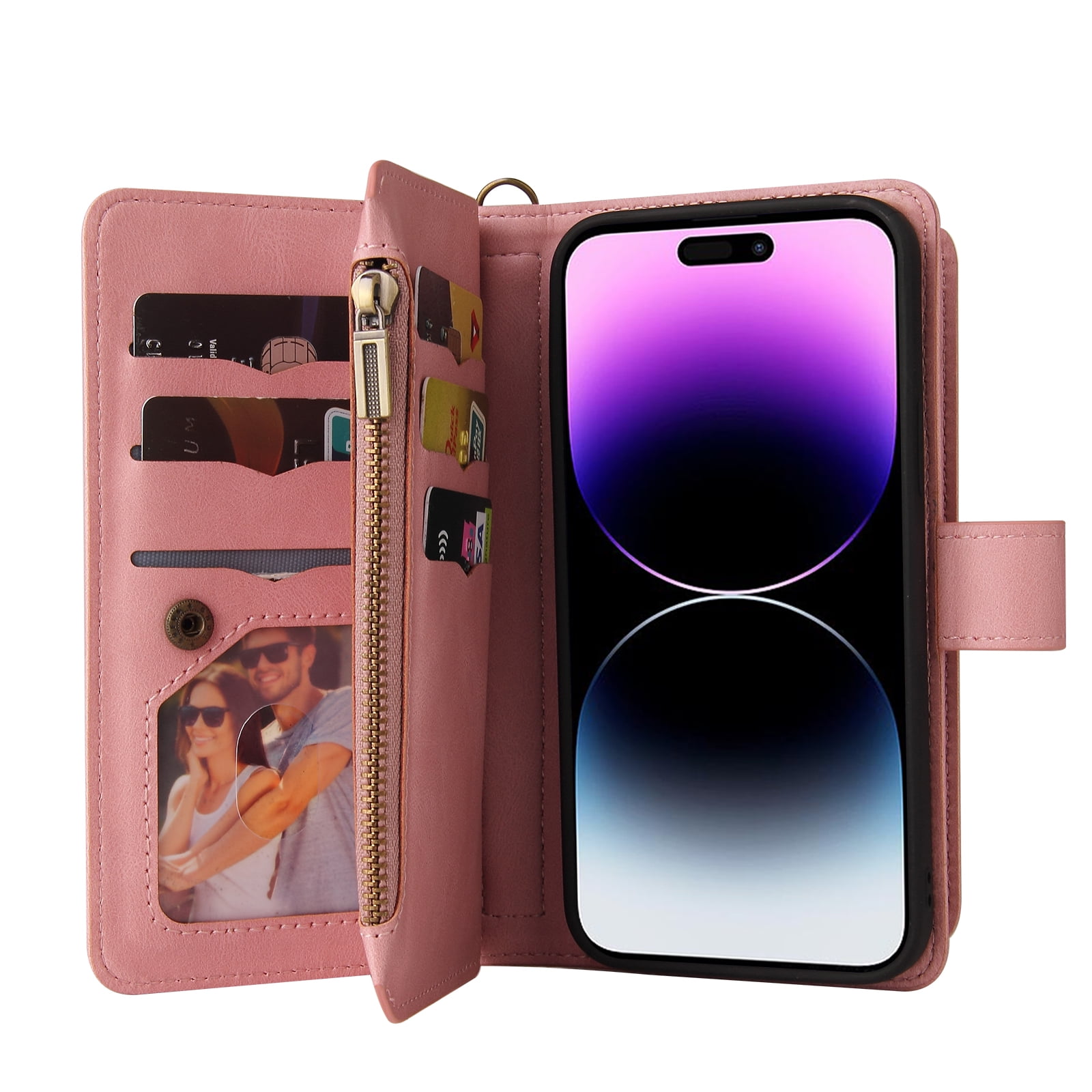 TECH CIRCLE Wallet Case For iPhone 15 Plus,PU Leather Zipper Handbag Purse Flip Cover Kickstand Folio Women Case with Card Slots Holder Wrist Strap for Apple iPhone 15 Plus 6.7" 2023,Pink