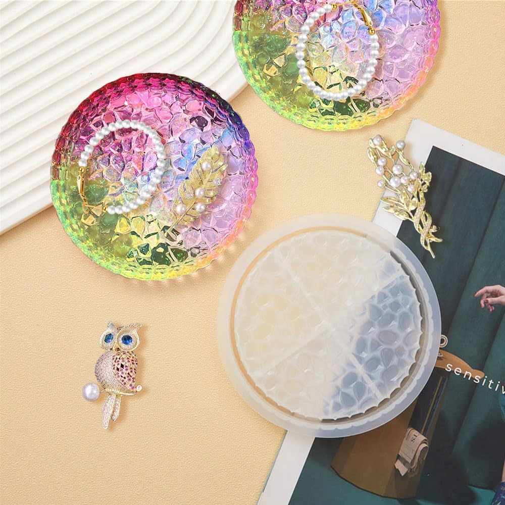 ABCISI 2 Pcs Diamond Resin Tray Molds, Round Tray Mold with Edges, Container Tray Plate Silicone Molds for Epoxy Resin DIY Jewelry Plate Box Candle Holder