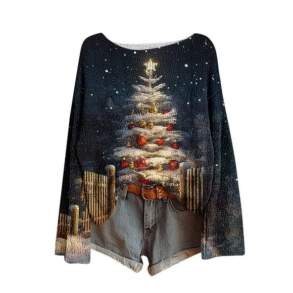 LMKIHUSA Christmas Sweaters for Women Boho Casual Trendy Fall 2025 Pullovers Crew Neck Novelty Graphic Print Knit Tops Blue,L