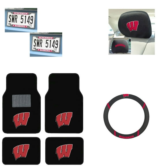 Wisconsin Badgers 4 Carpet Floor Mats And 2 Chrome Metal License Plate Frames With 2 Headrest Covers Plus Wheel Cover