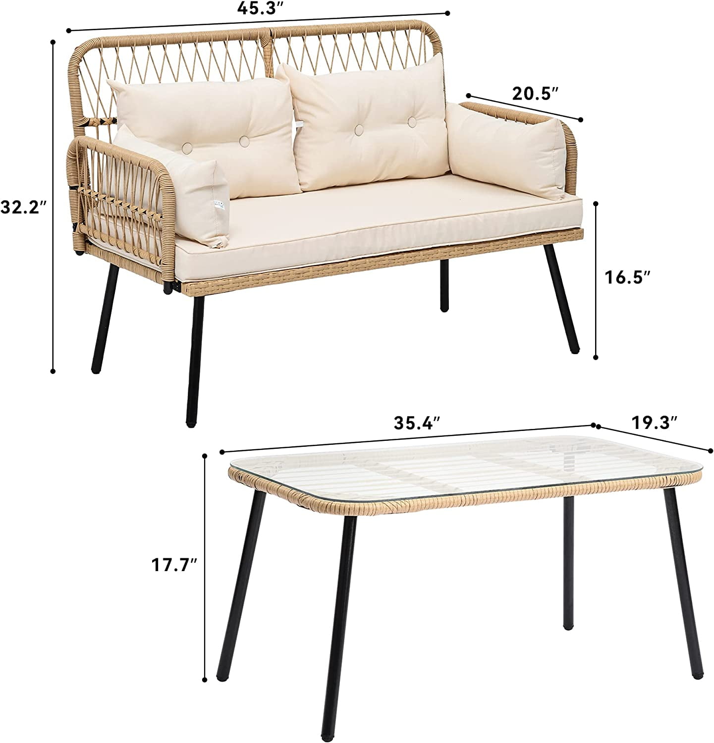 Dextrus 2-Piece Patio Furniture Wicker Outdoor Loveseat, All-Weather Rattan Conversation for Backyard, Balcony and Deck with Soft Cushions and SideTable (Light Brown+Beige)