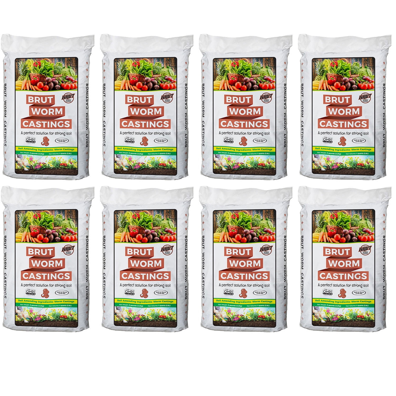 Brut Worm Farms Organic Worm Castings Potting Soil, 5 Pound Bag (8 Pack