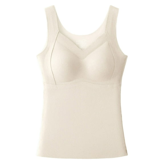 felwors Built in Bra Tank Tops for Women,2025 Elegant Patchwork Thermal Underwear High Stretch Comfy Layer Cami Beige, XXL