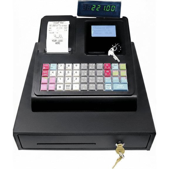 Dual-Display Thermal Cash Register with Drawer, 4500 PLU, 50 Departments