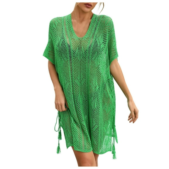 Xuhomer Summer Cover Ups for Women Knitted Hollow Short Sleeve V-Neck Crochet High Cut Split Cover-up Dress Bikini Swimsuits Bathing Suits Tunics Sunscreen Cover Green Free Size