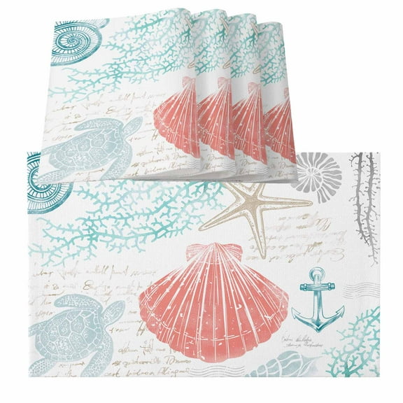 Teal Red Coastal Nautical Placemats for Dinning Table Set of 4,Beach Sea Turtle Ocean Coral Starfish Burlap Kitchen Place Mats Waterproof Cloth Table Mats,Indoor Outdoor Placemats Dinner Decor