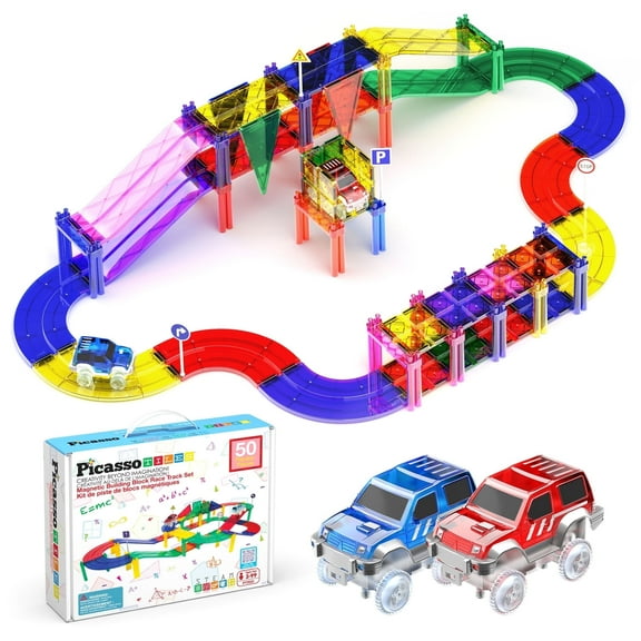 PicassoTiles Race Track Magnetic Tiles for Kids with 2 Racing Cars – 50PCS STEM Construction Building Blocks Educational Toy Set