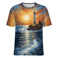 thumbnail image 5 of Lighthouse Sunrise Coast Scenery Pale Blue Tan Women's Short Sleeve T-Shirt Crew Neck Casual Summer Trendy Loose Fit Tops, 5 of 6