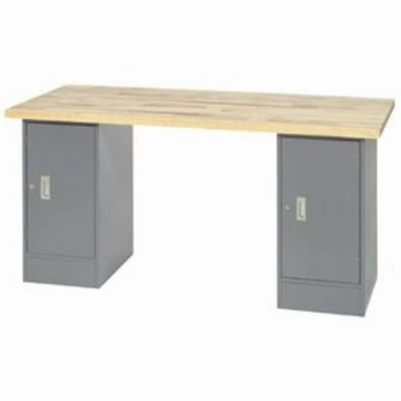 72 x 24 in. Pedestal Workbench with Double Cabinet - Maple Butcher Block Square Edge - Gray