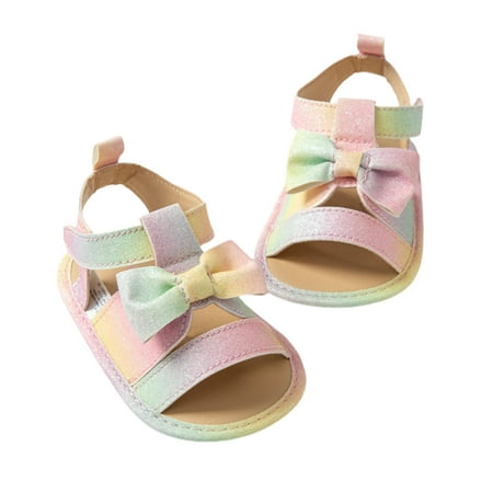 

Calsunbaby Infants Baby Girls Summer Sandals Newborn Colorful Glitter Bowknot Decorated Soft Sole Summer Flat Shoes Indoor Outdoor Shoes