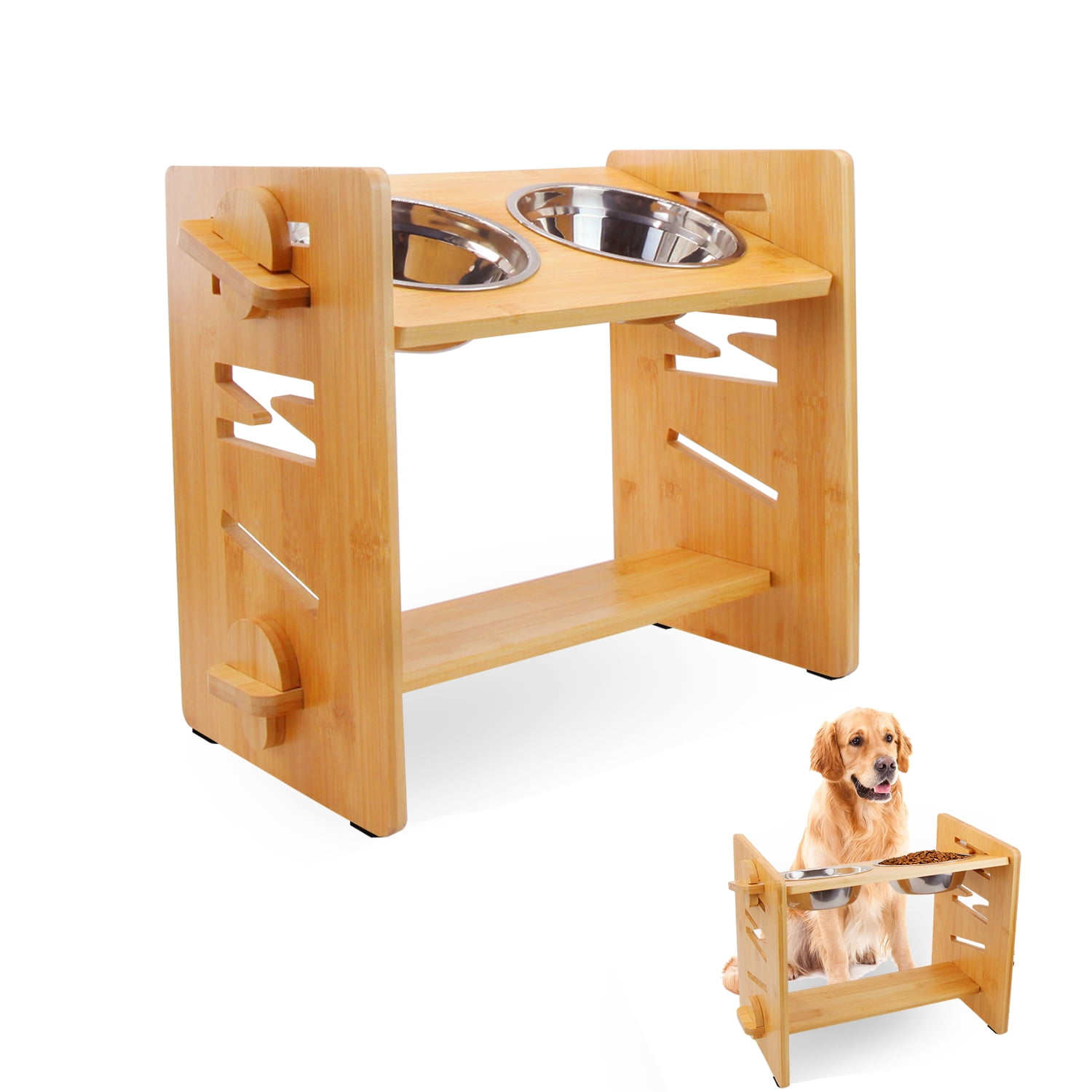 Dropship Bamboo Double Dog Raised Bowls 15 Degree Tilt Elevated Dog Bowls  With 4 Adjustable Heights 2 Stainless Steel Bowls Pet Feeder For Dogs Cats  Rabbits to Sell Online at a Lower Price