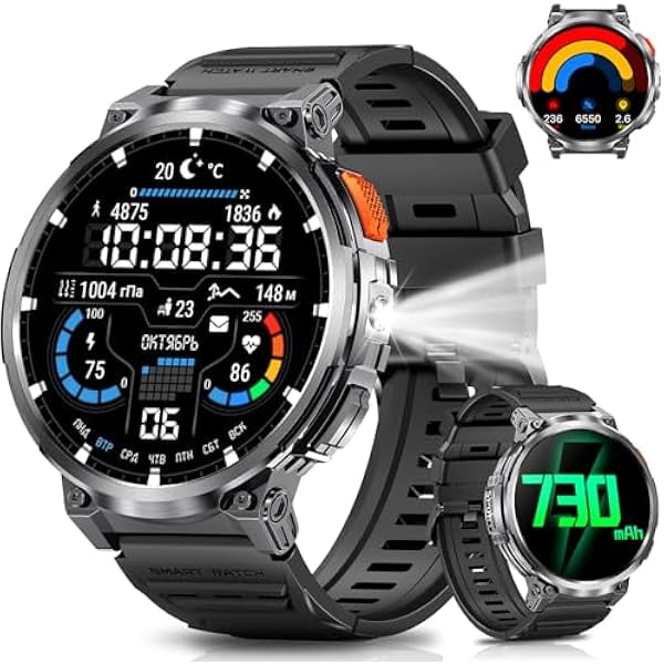 wonima44 1.85" Big Screen Military Smart Watch for Men with Flashlight, 730mAh Large Battery, IP68 Waterproof, Bluetooth Calling, 114 Sports Modes, Heart Rate/Sleep Monitor for iOS Android
