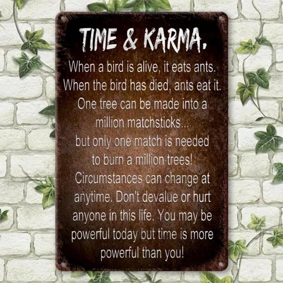 HELLOYOUNG Vintage Retro Metal Sign Time Karma Tin Plaque, Rustic Wall Art for Home Bar Cafe Office, Inspirational Quote Decor with Pre-Drilled Holes