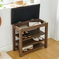 thumbnail image 2 of GZXS 24" Entryway Shoe Rack Bench with Hidden Storage, PU Leather Upholstered Seat, Rubberwood Frame, 3-Tier Adjustable Shelves, Supports up to 400 lbs (Brown), 2 of 9
