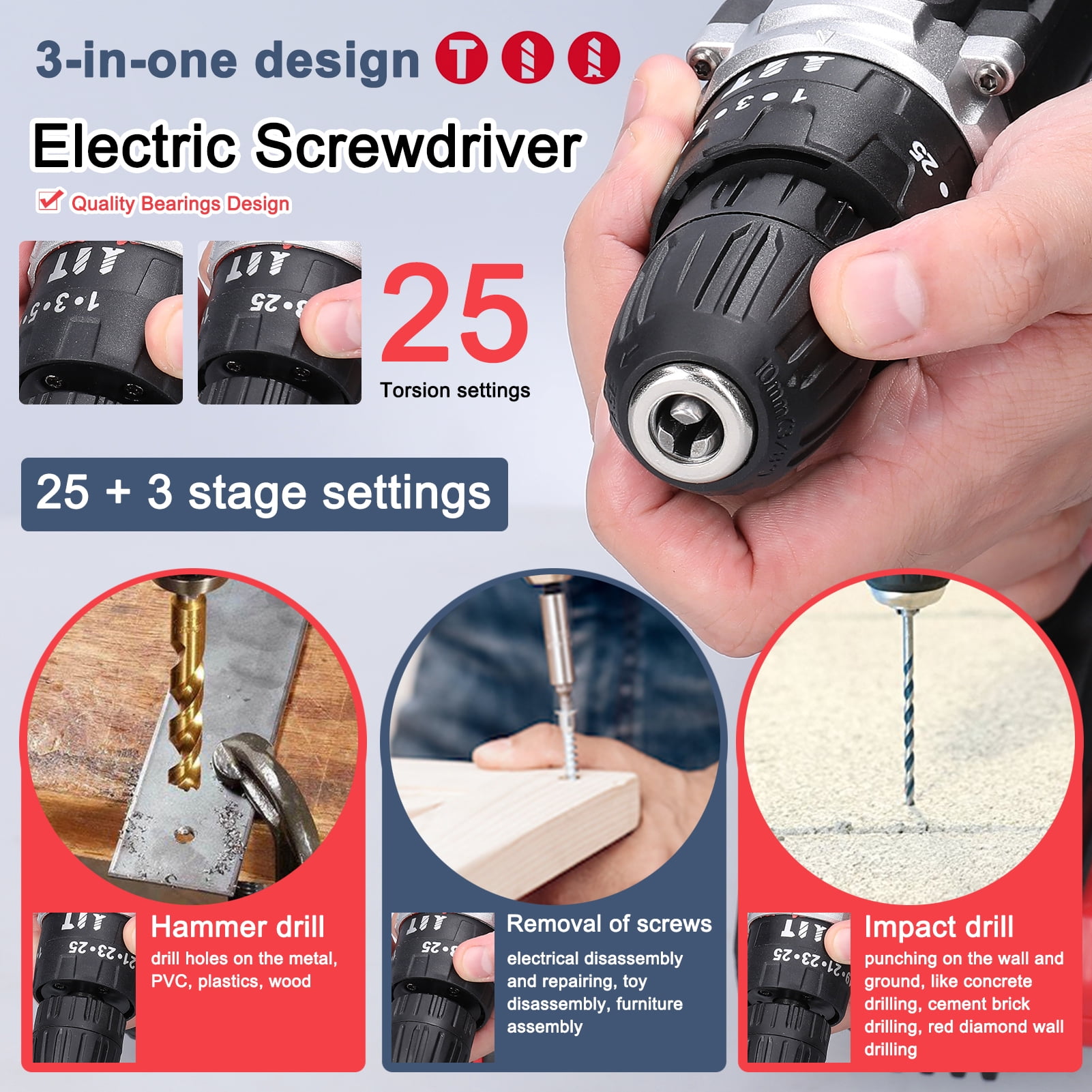 21V Cordless Power Drill Set, Electric Power Drill 24Pcs with 2 Lithium-ion Battery and Charger, 2-Speed Transmission For Screwdriving And Drilling,Black