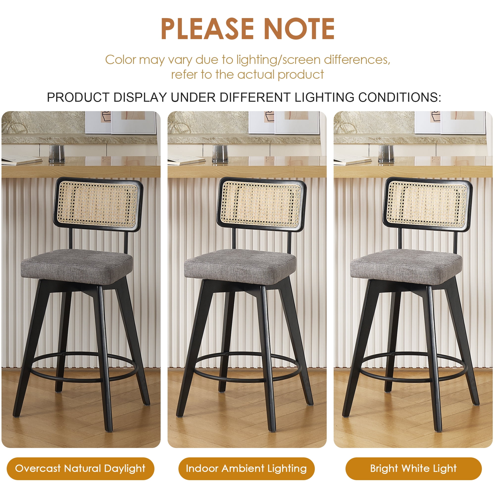 Zesthouse 26.2" Swivel Counter Height Bar Stools Set of 2, Upholstered Linen Counter Stools with Rattan Back, Mid Century Barstools with Solid Wood Frame for Kitchen Island, Gray