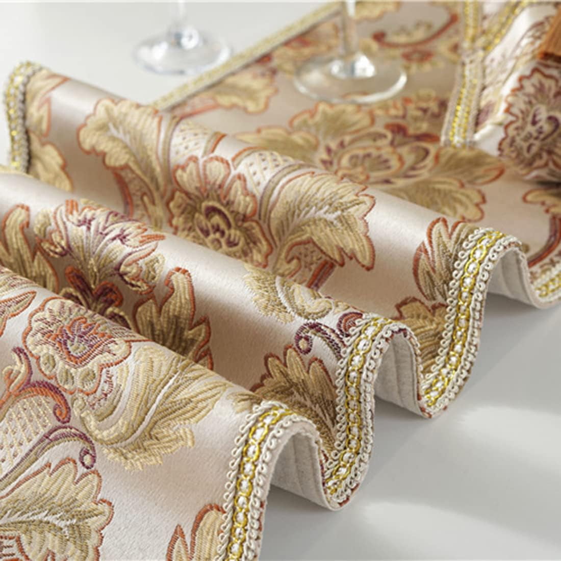 CHUNTIAN French Country Luxury Floral Pattern Table Runner with Beads Tassels Kitchen Decor Silk Blend Tea Table Table Runners (Beige,13" W x 89" L)