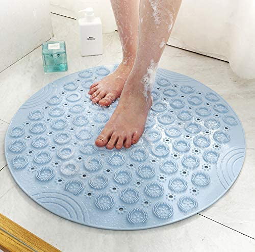 With Drain Hole Machine Washable Circle Shower Mat,Round Non-slip Bathroom Mat With Suction Cup Smooth Surface,Comfortable Massage Function,Children's Blue Shower Mat 