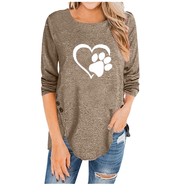 Fridja Womens O-Neck Irregular Button Long Sleeve Print Casual Top Blouse