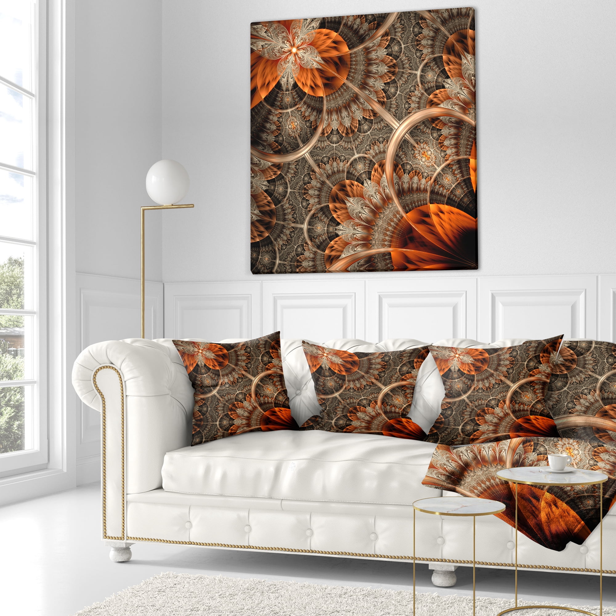 Designart Orange Brown Digital Art Fractal Flower - Floral Throw Pillow - 16x16